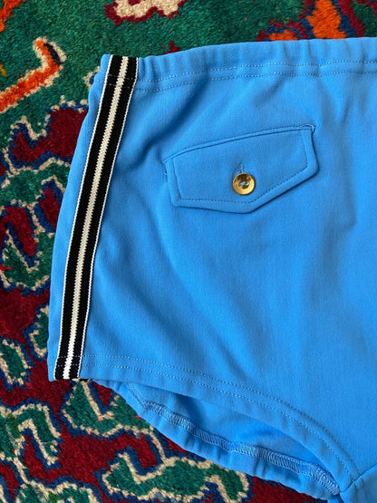 Vintage 1970s Pale Blue Stripe Trim Swim Shorts