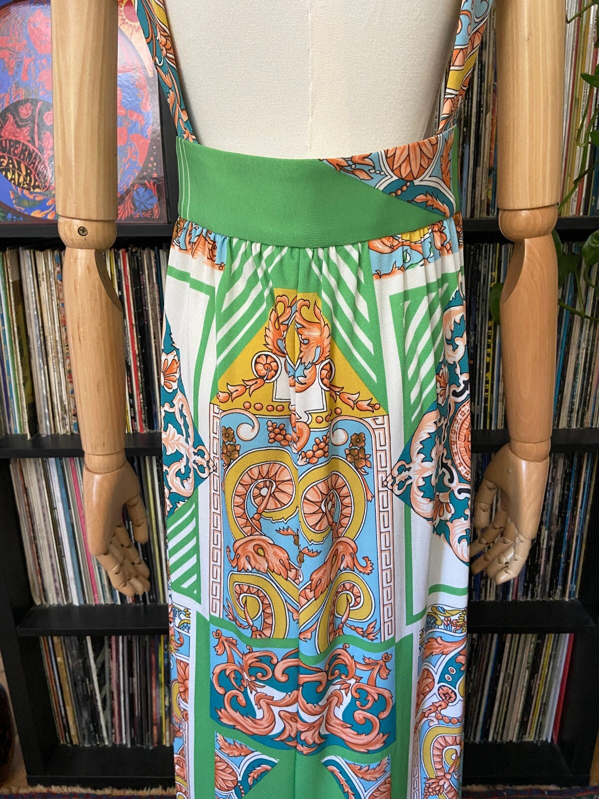Vintage 1970s Green Baroque Pinafore Dress