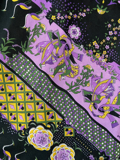 Vintage 1970s Black & Purple Dancer Print Maxi Dress