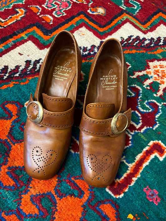 Vintage 1960s Brown Leather Block Heel Shoes UK 5 - 5.5