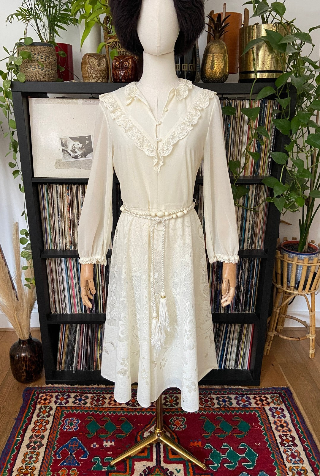 Vintage 1970s Cream Belted Prairie Dress