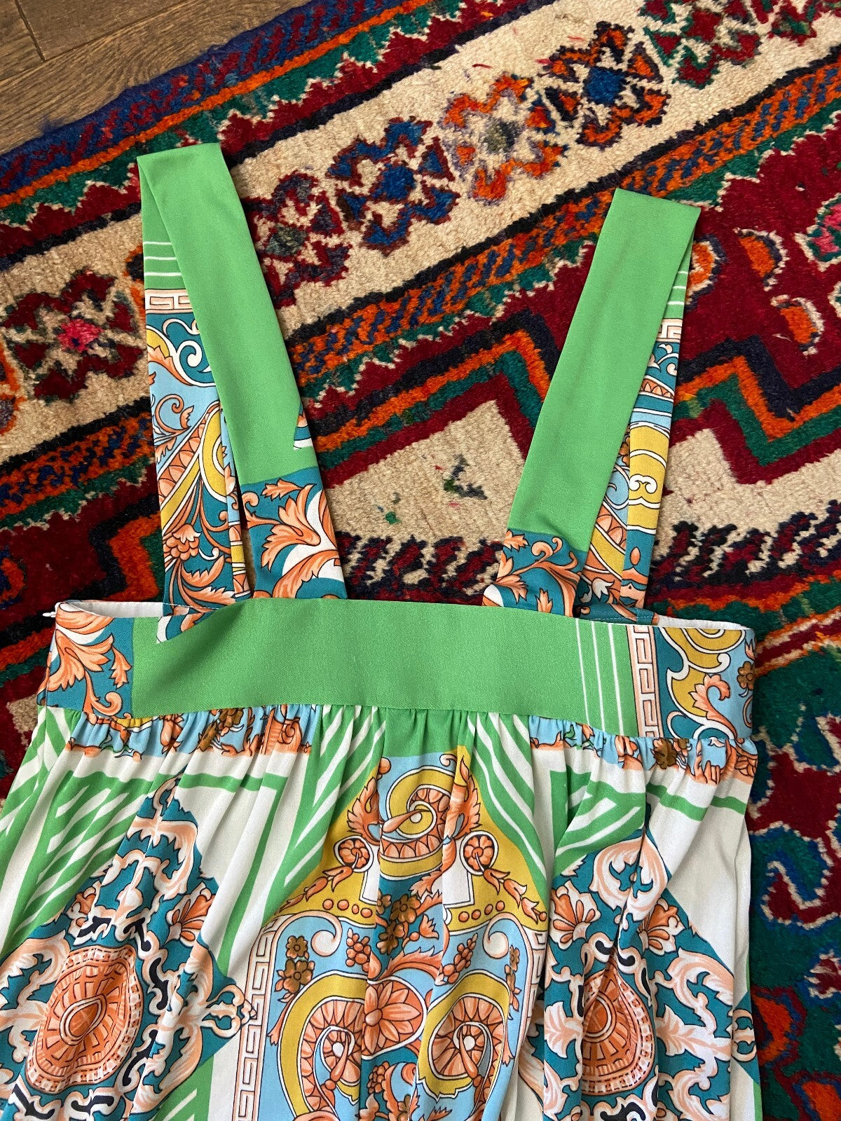 Vintage 1970s Green Baroque Pinafore Dress