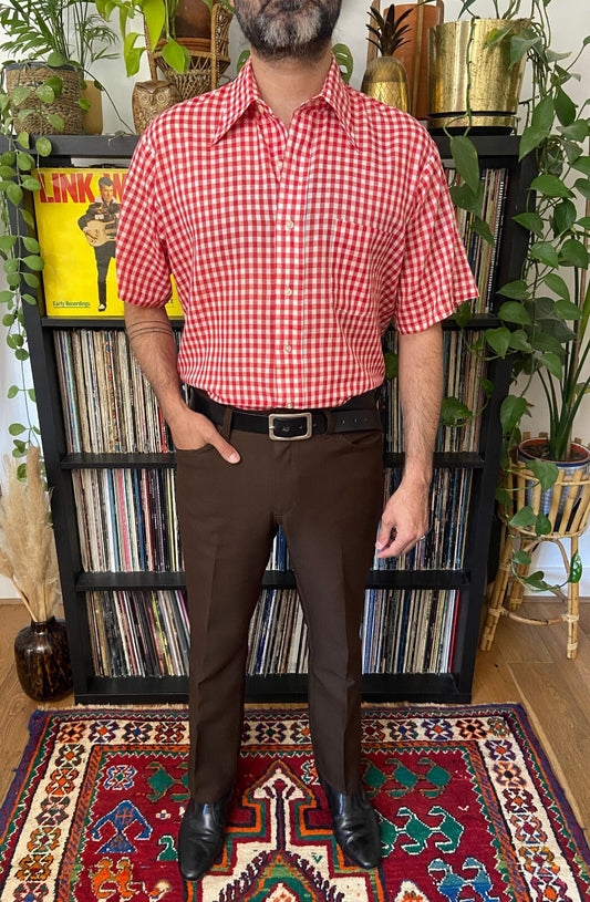 Vintage 1970s Red & White Dagger Collar Gingham Shirt