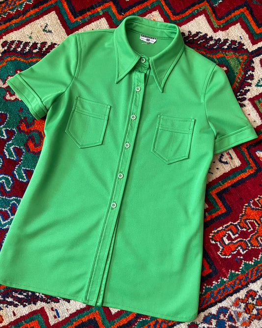 Vintage 1970s Bright Green Dagger Collar Shirt