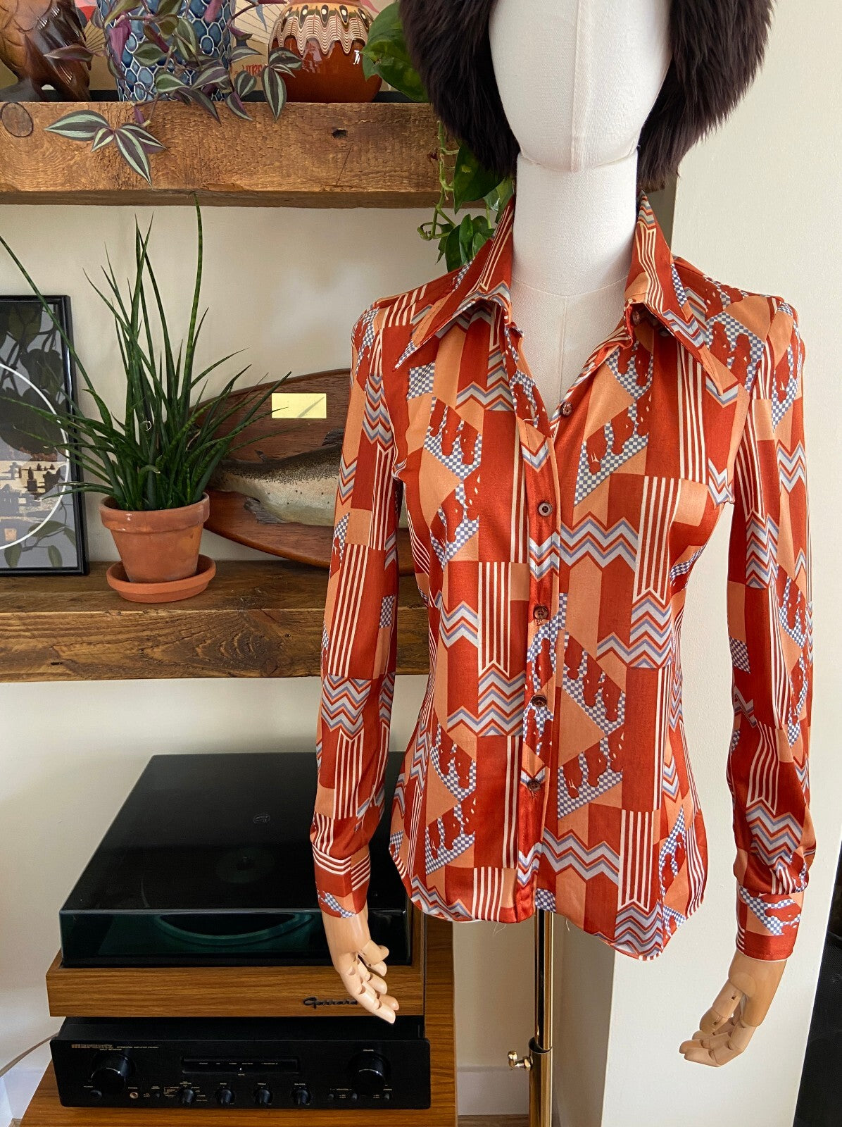 Vintage 1970s Brown Geometric Print Shirt