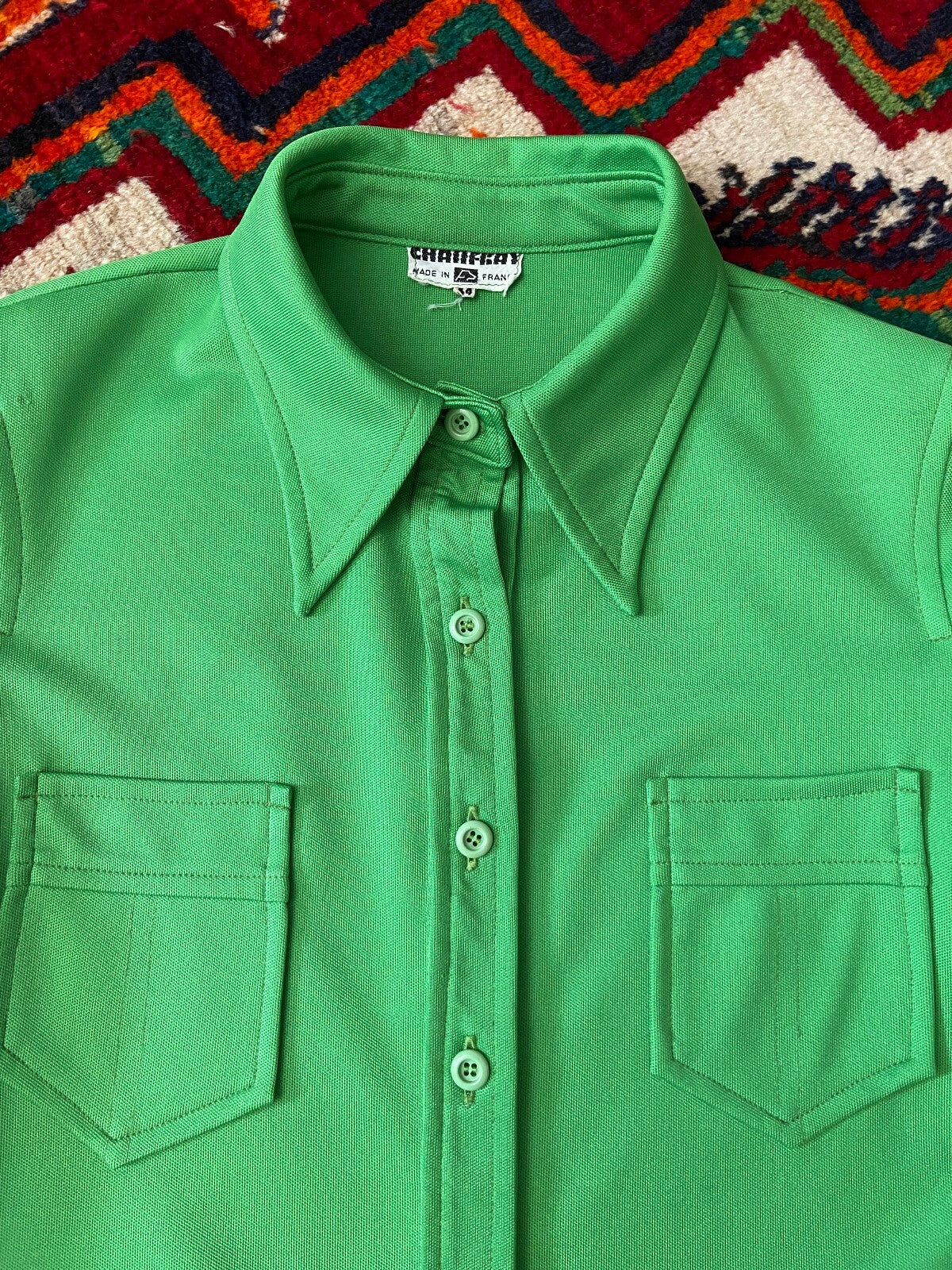 Vintage 1970s Bright Green Dagger Collar Shirt