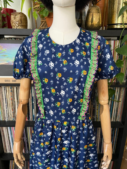 Vintage 1970s Navy Folk Maxi Dress