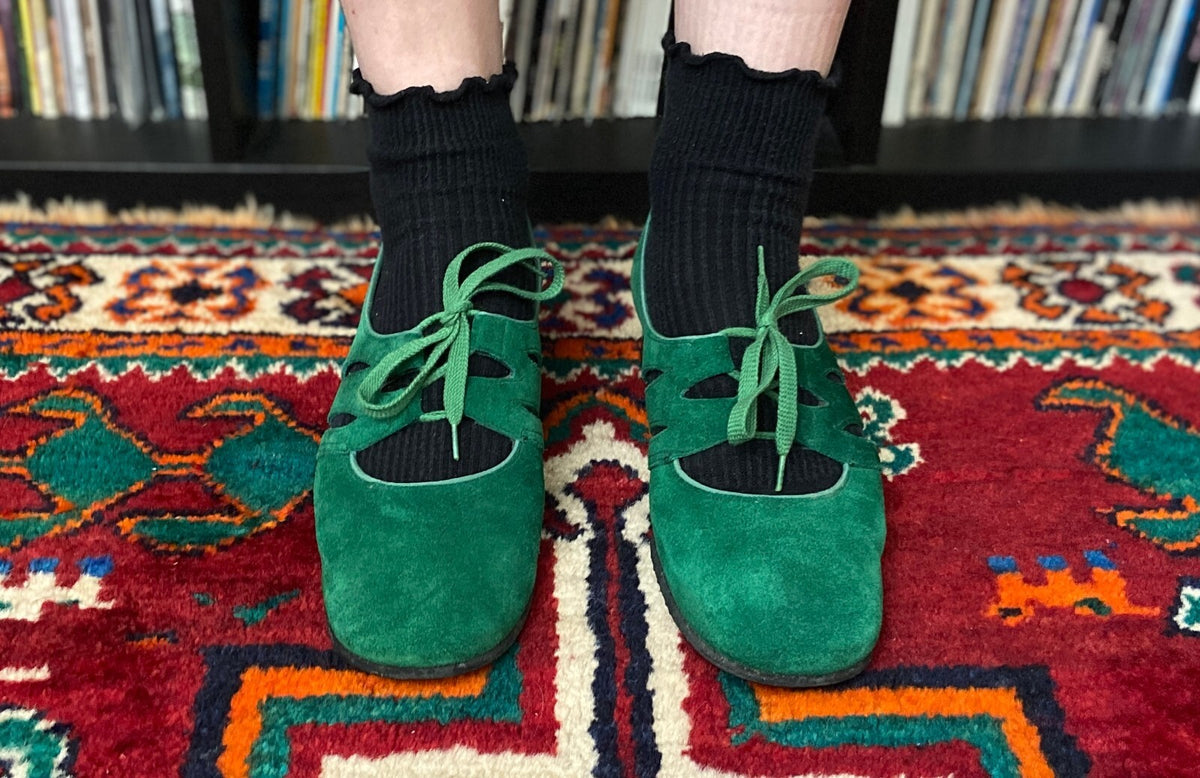 Vintage 1970s Green Suede Mary Janes UK 5
