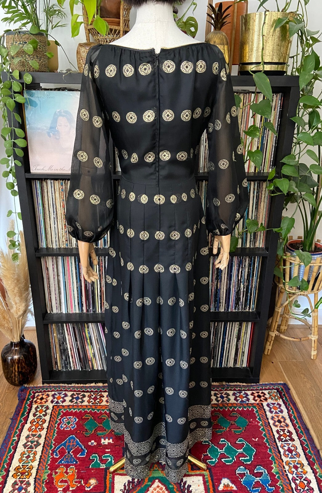 Vintage 1970s Black & Gold Pleated Maxi Dress