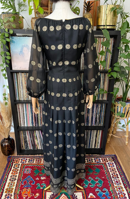 Vintage 1970s Black & Gold Pleated Maxi Dress
