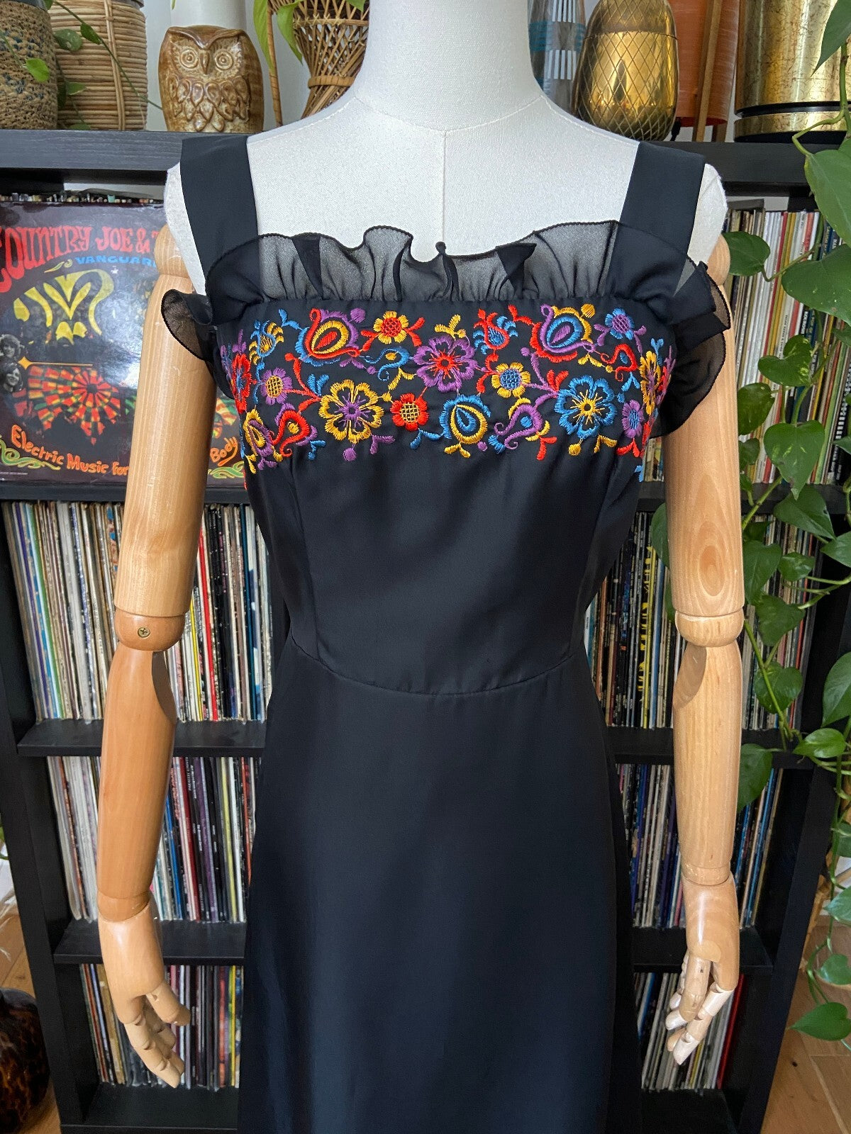 Vintage 1970s Black Embroidered Maxi Dress