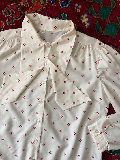 Vintage 1970s Cream & Red Pussybow Blouse