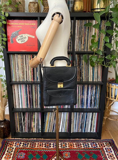 Vintage 1970s Black Leather Satchel Bag
