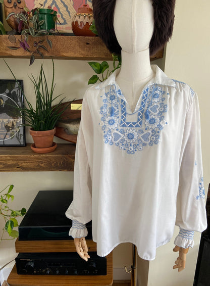 Vintage 1970s Blue Embroidered Penny Lane Blouse