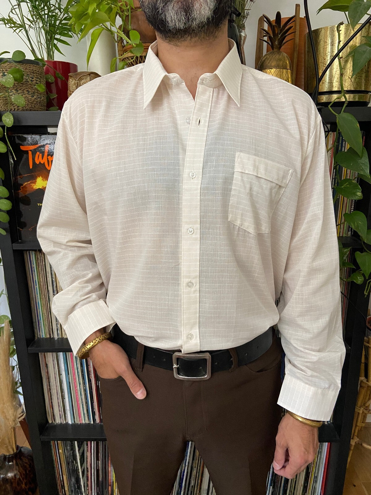 Vintage 1970s Beige Striped Deadstock Shirt