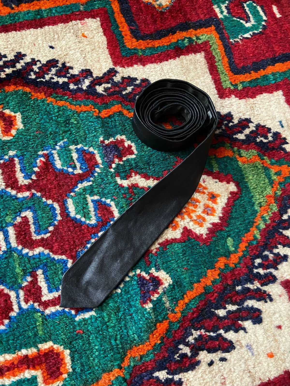 Vintage 1970s Black Leather Skinny Tie