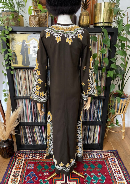 Vintage 1970s Brown Embroidered Kaftan Dress