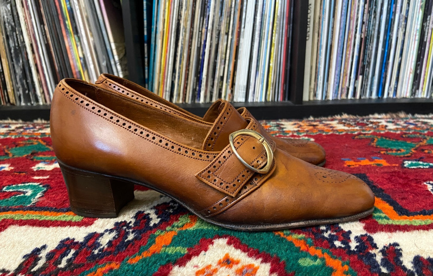 Vintage 1960s Brown Leather Block Heel Shoes UK 5 - 5.5