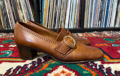 Vintage 1960s Brown Leather Block Heel Shoes UK 5 - 5.5
