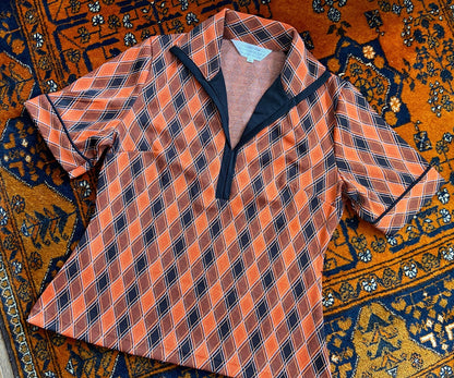 Vintage 1970s Orange & Brown Knit Dagger Collar Top