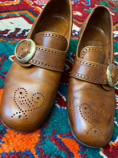 Vintage 1960s Brown Leather Block Heel Shoes UK 5 - 5.5