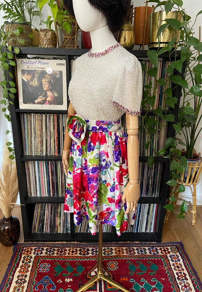 Vintage 1960s Beaded Floral Cocktail Dress