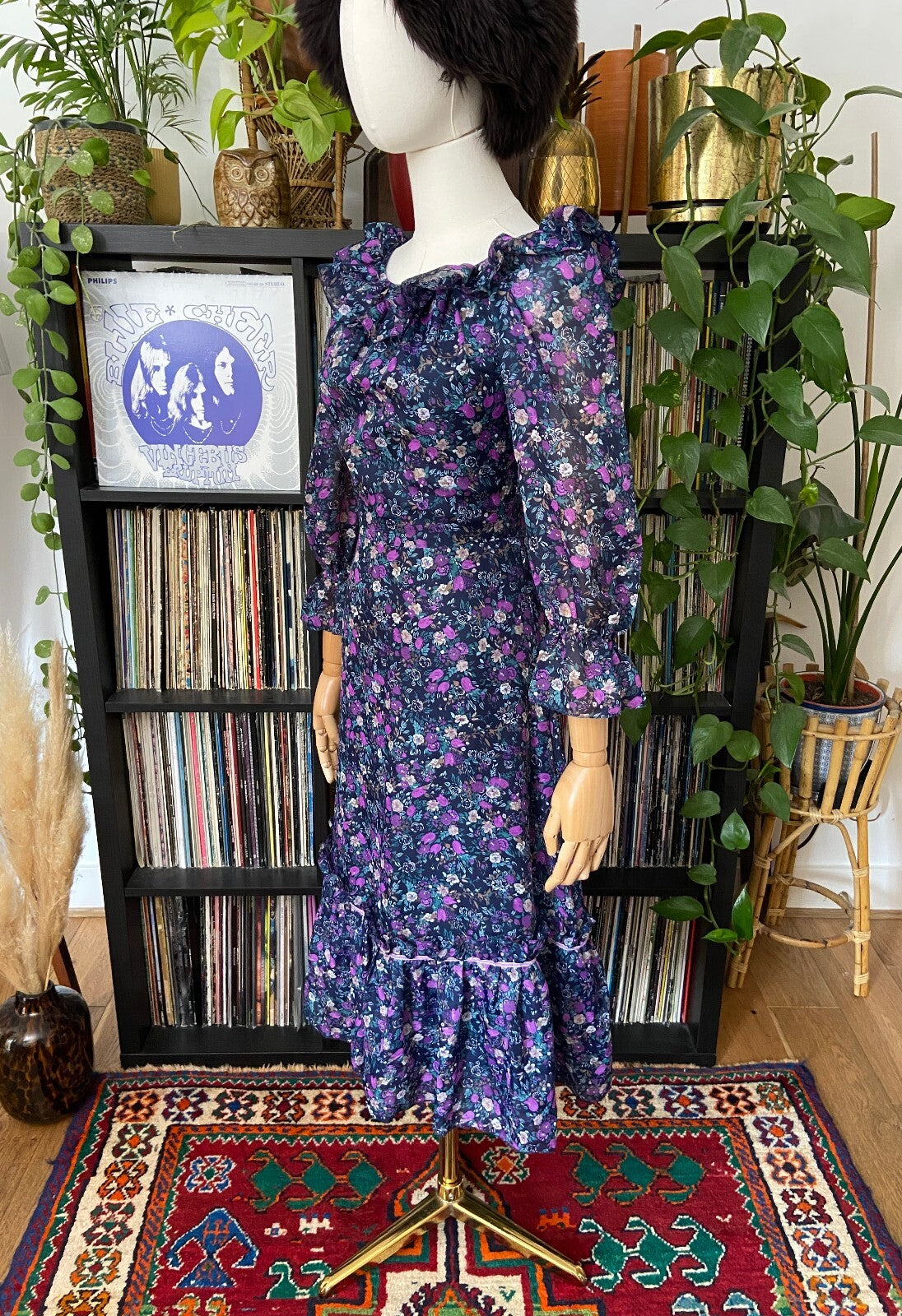 Vintage 1970s Navy & Purple Floral Prairie Dress