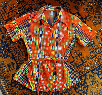 Vintage 1970s Orange Retro Print Belted Shirt