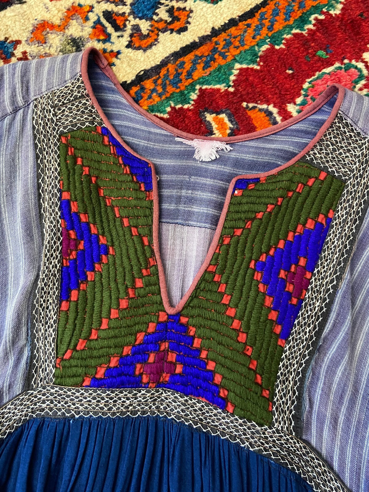 Vintage 1970s Blue & Green Bib Afghan Dress