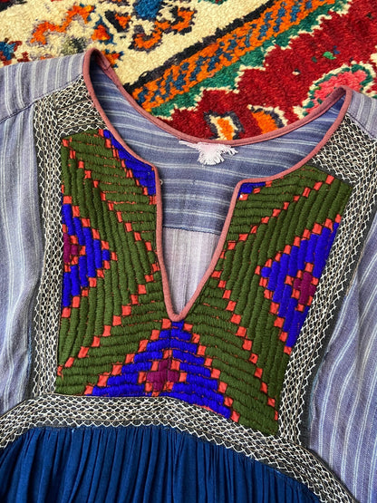 Vintage 1970s Blue & Green Bib Afghan Dress
