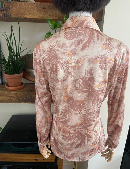 Vintage 1970s Beige Leaf Print Dagger Collar Shirt
