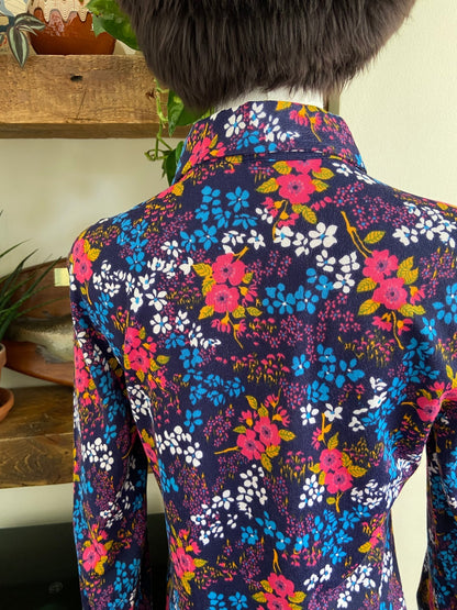 Vintage 1970s Deadstock Navy Floral Dagger Collar Top