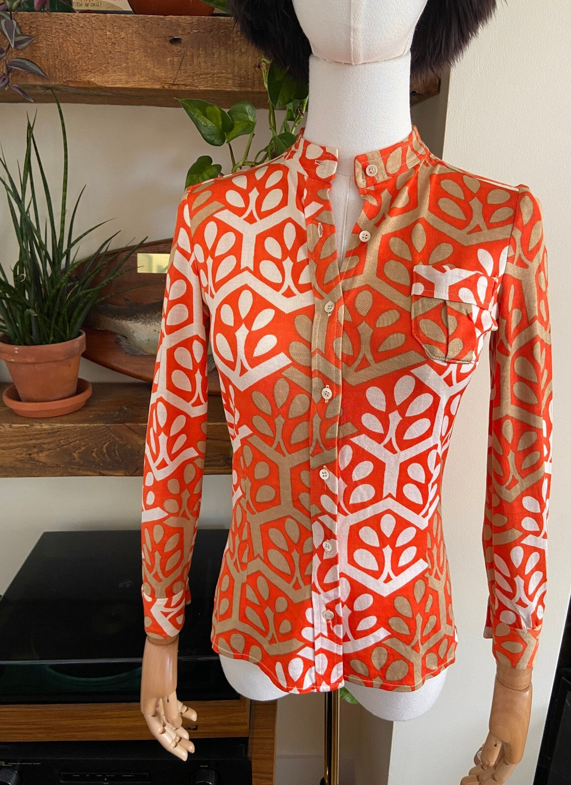 Vintage 1970s Orange & Beige Collarless Shirt