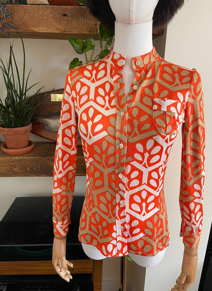 Vintage 1970s Orange & Beige Collarless Shirt