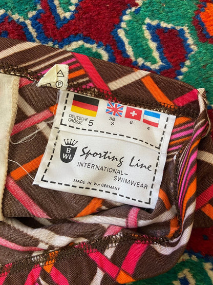 Vintage 1970s Brown Retro Print Swim Shorts