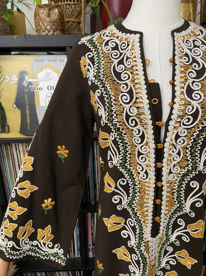 Vintage 1970s Brown Embroidered Kaftan Dress