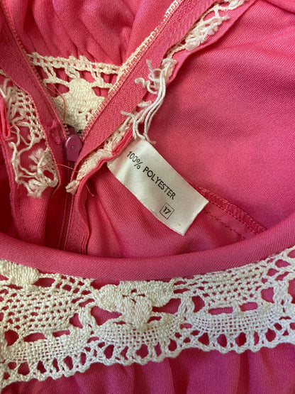 Vintage 1970s Bright Pink & Cream Crochet Trim Dress