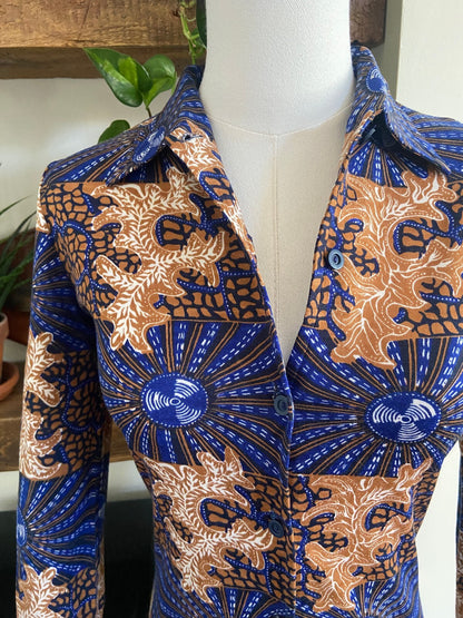 Vintage 1970s Blue & Brown Dagger Collar Shirt