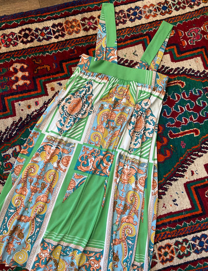Vintage 1970s Green Baroque Pinafore Dress
