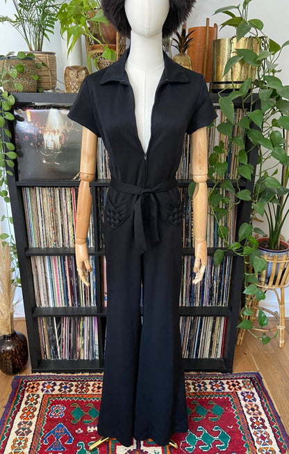 Vintage 1970s Black Plait Pocket Flared Jumpsuit