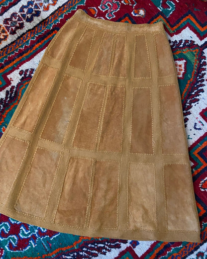 Vintage 1970s Tan Suede Patchwork Midi Skirt