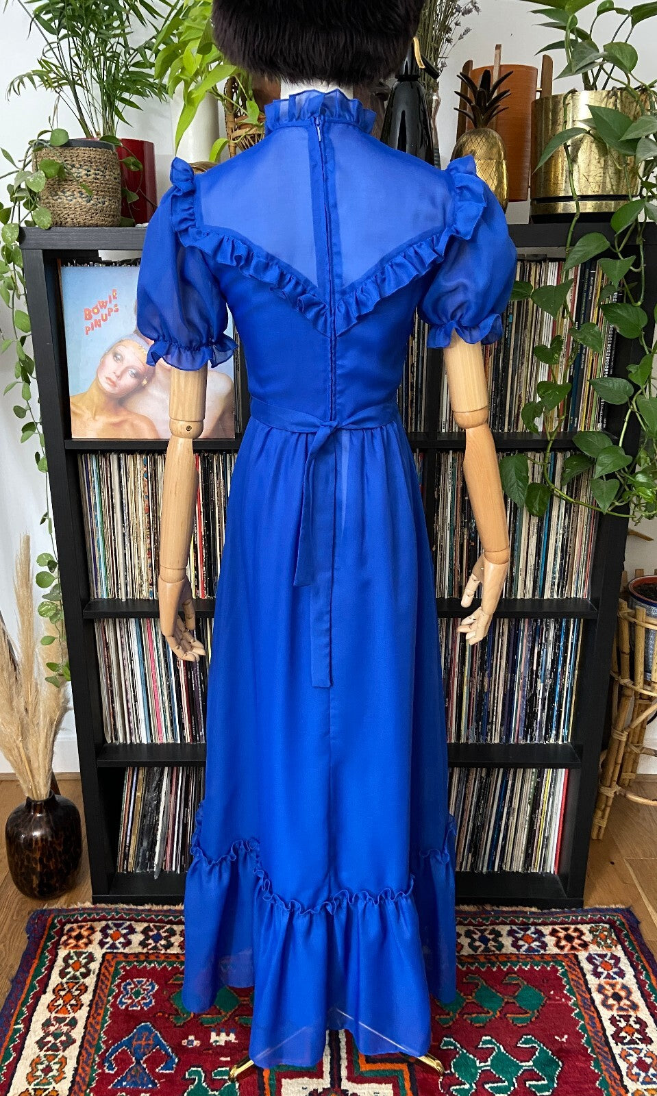 Vintage 1970s Blue Flower Sash Prairie Dress