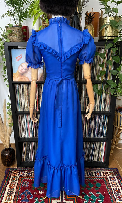 Vintage 1970s Blue Flower Sash Prairie Dress