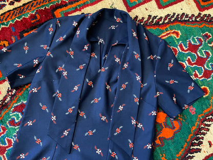 Vintage 1970s Navy Embroidered Pussybow Dress