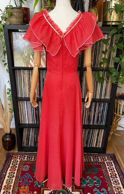 Vintage 1970s Red Spot V-Neck Maxi Dress