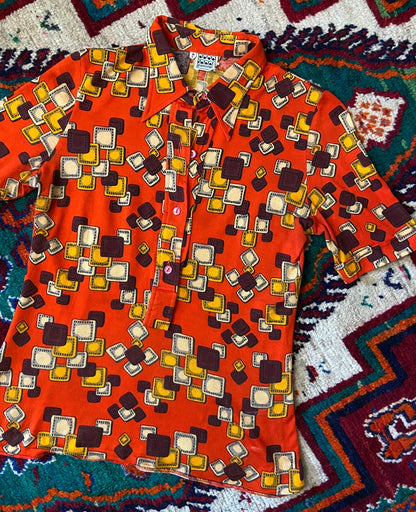 Vintage 1970s Red Geometric Dagger Collar Shirt