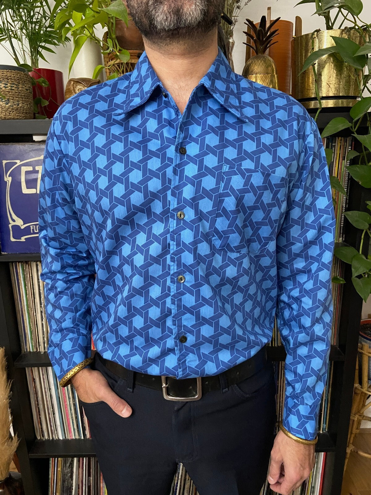 Vintage 1970s Geometric Print Dagger Collar Shirt