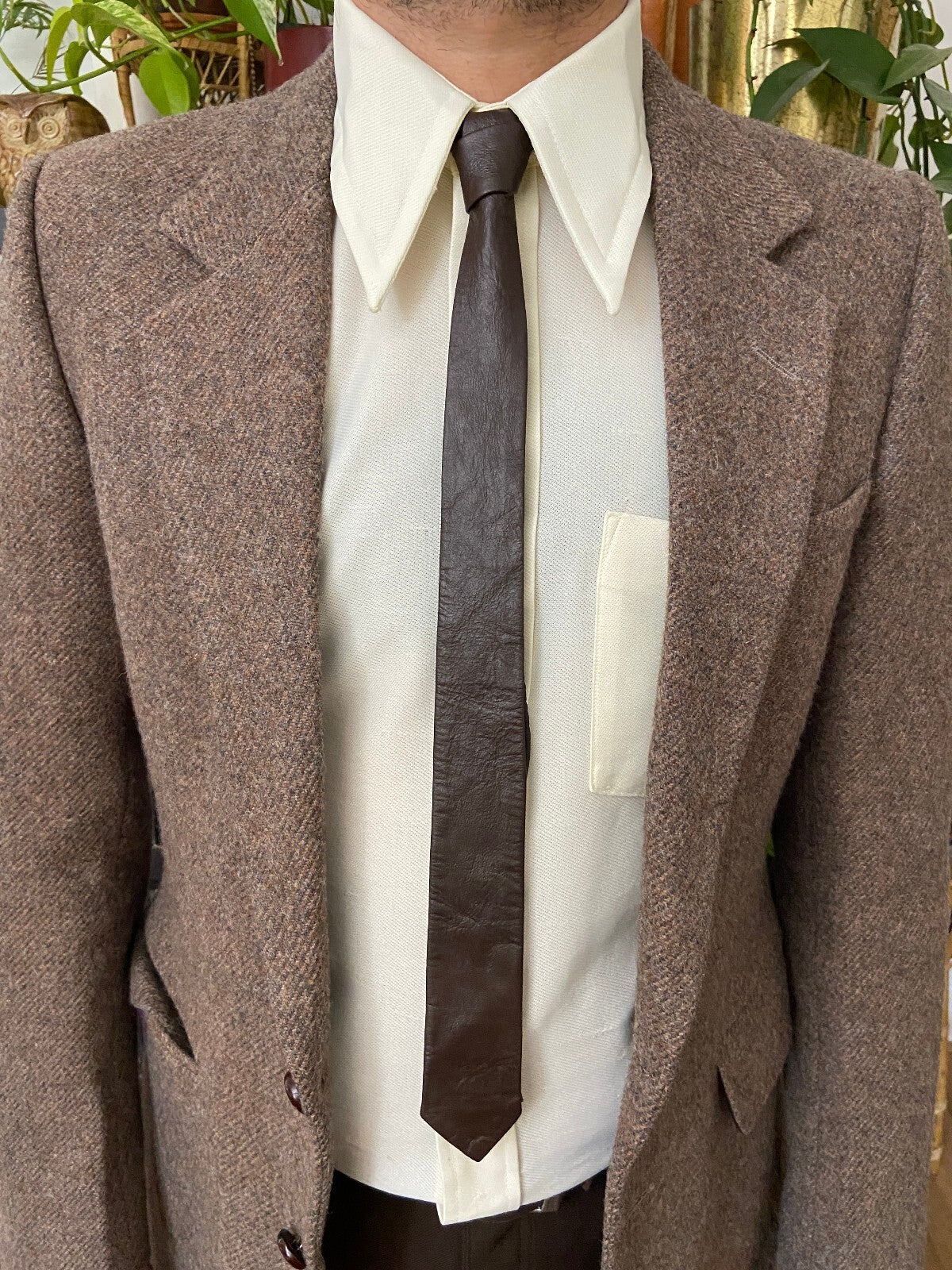 Vintage 1970s Brown Leather Skinny Tie