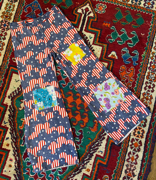 Vintage 1970s Stars & Stripes Patchwork Flared Bellbottom Trousers W30