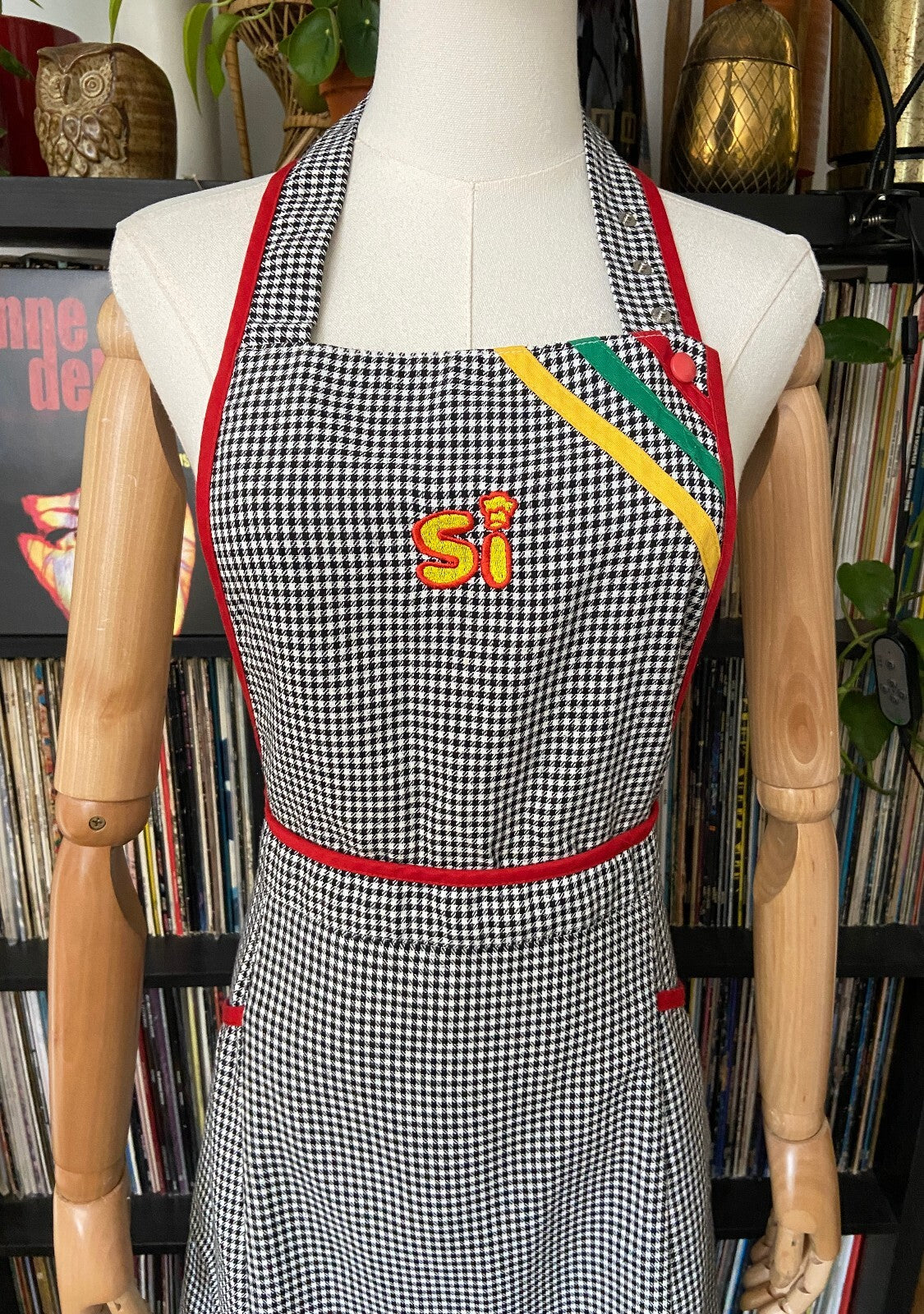 Vintage 1970s Black & White Houndstooth Apron Dress